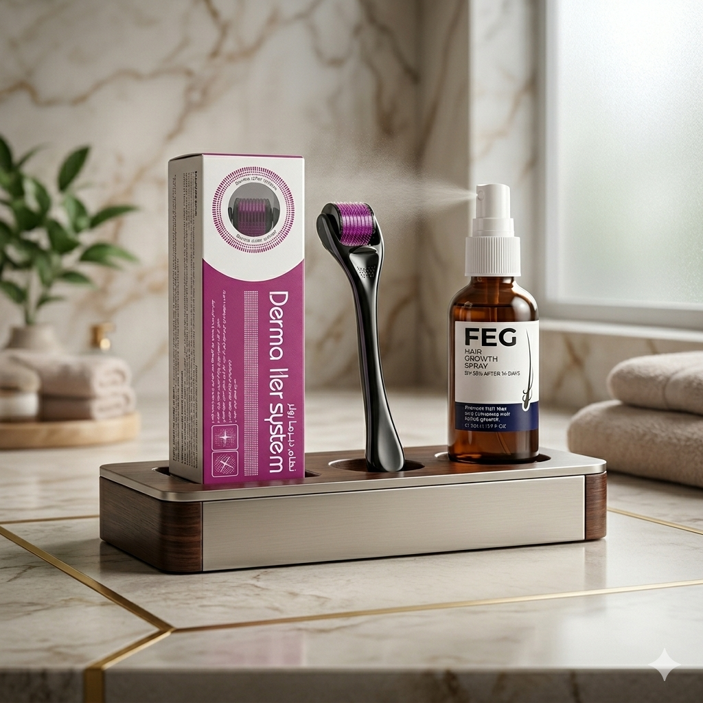 Pack of 2 FEG Hair Growth Spray Plus Derma Roller, Suitable For Both Men and Women